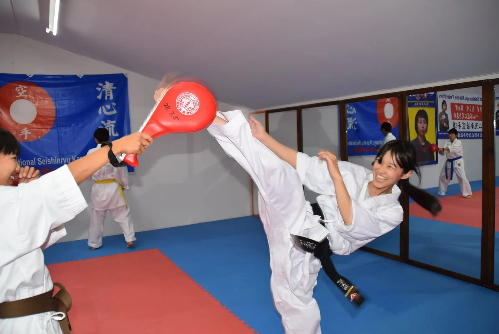 Black-belt students practicing high kicks with striking pads